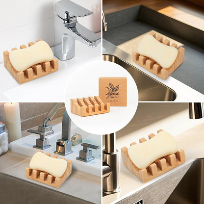 Shampoo Bar and Sponge Holders for Shower – Self-Draining Bamboo Soap Dish Tray, 2 Pack Wooden Soap Saver Racks for Conditioner Bars, Razor, Sink, Bathroom, Kitchen, or Travel
