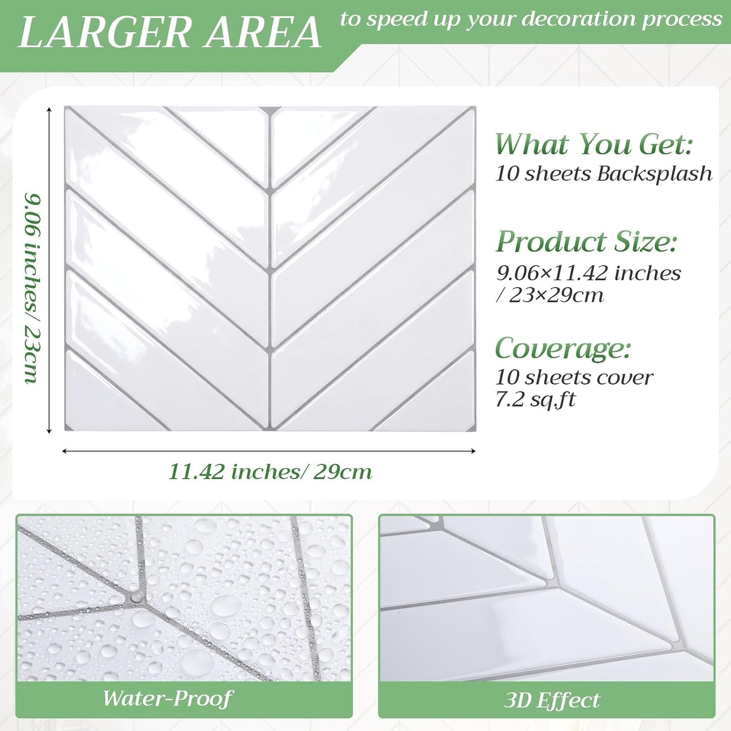 Nuanchu 10 Sheets White Herringbone Peel and Stick Backsplash 11.4 x 9 Inch 3D Stick on Wall Tiles, Self Adhesive, Waterproof & Easy to Clean for Kitchen Bathroom Rental Wall Tile