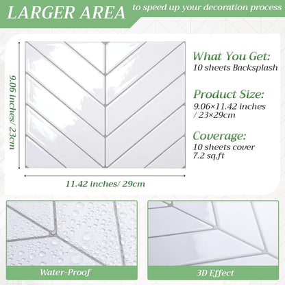 Nuanchu 10 Sheets White Herringbone Peel and Stick Backsplash 11.4 x 9 Inch 3D Stick on Wall Tiles, Self Adhesive, Waterproof & Easy to Clean for Kitchen Bathroom Rental Wall Tile
