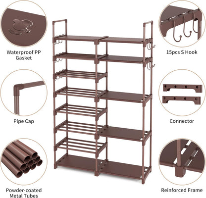 ROJASOP Shoe Rack Organizer, 8-Tier Metal Shoe Rack for Closet Entryway Garage, 26-32 Pairs Tall Shoe Boot Storage Shelf with 15 Hooks, Stackable Large Shoe Stand