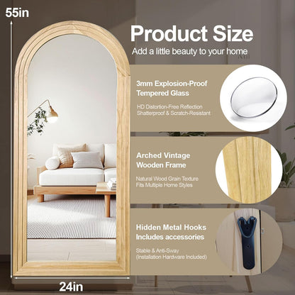 Delma Arched Full Length Floor Mirror with Stand, 75x35 Rustic Farmhouse Solid Wood Frame Wall Mirror for Bedroom, Living Room, Vertical Hanging & Standing(Brown)