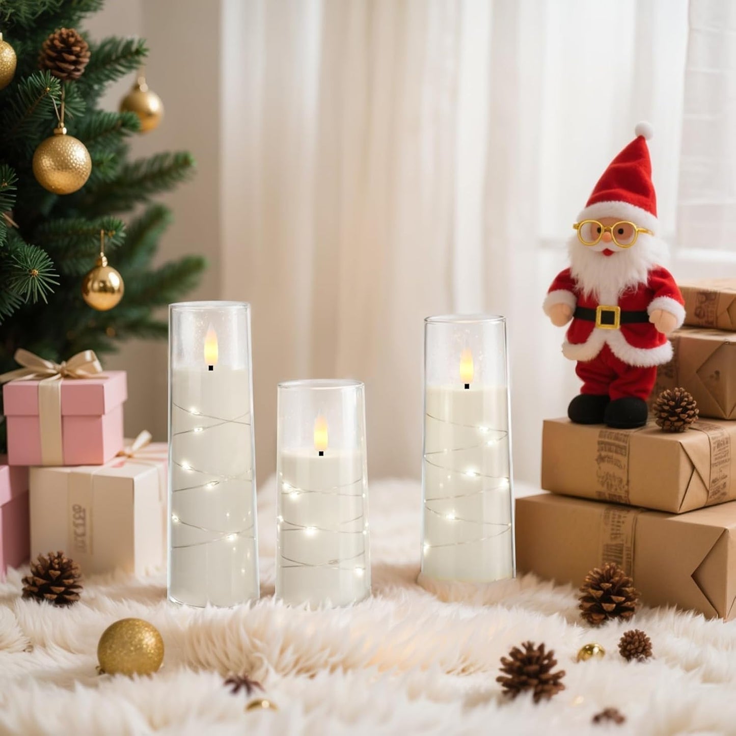 Raycare Flameless Candle with Remote Timer, 3 Flickering Acrylic Battery Operated LED Pillar Candles with Embedded Star String for Christmas, Wedding, Home Table Decor, and as a Gift (Ivory White)