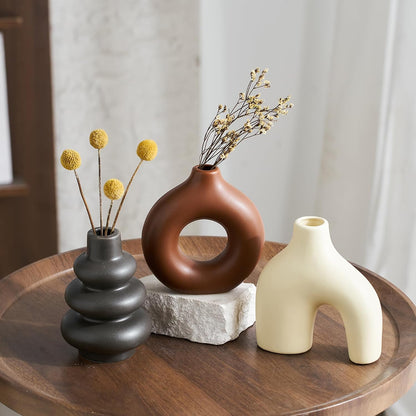 White Ceramic Vase Set of 3, Small Flower Vases for Pampas Grass, Modern Boho Vase for Decor, Round White Vases Centerpieces for Wedding Living Room Bedroom Coffee Table Dinner Table