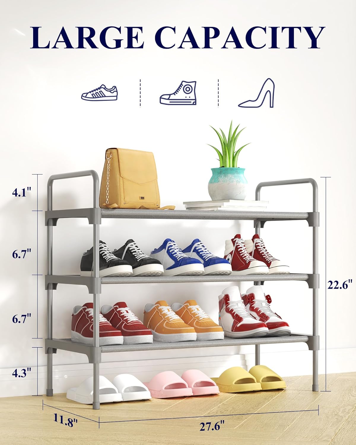 Kitsure Shoe Rack for Closet, Sturdy Shoe Storage for Entryway, Space-Saving Shoe Rack Small and Shoe Shelf, 27.6" Wide, Black