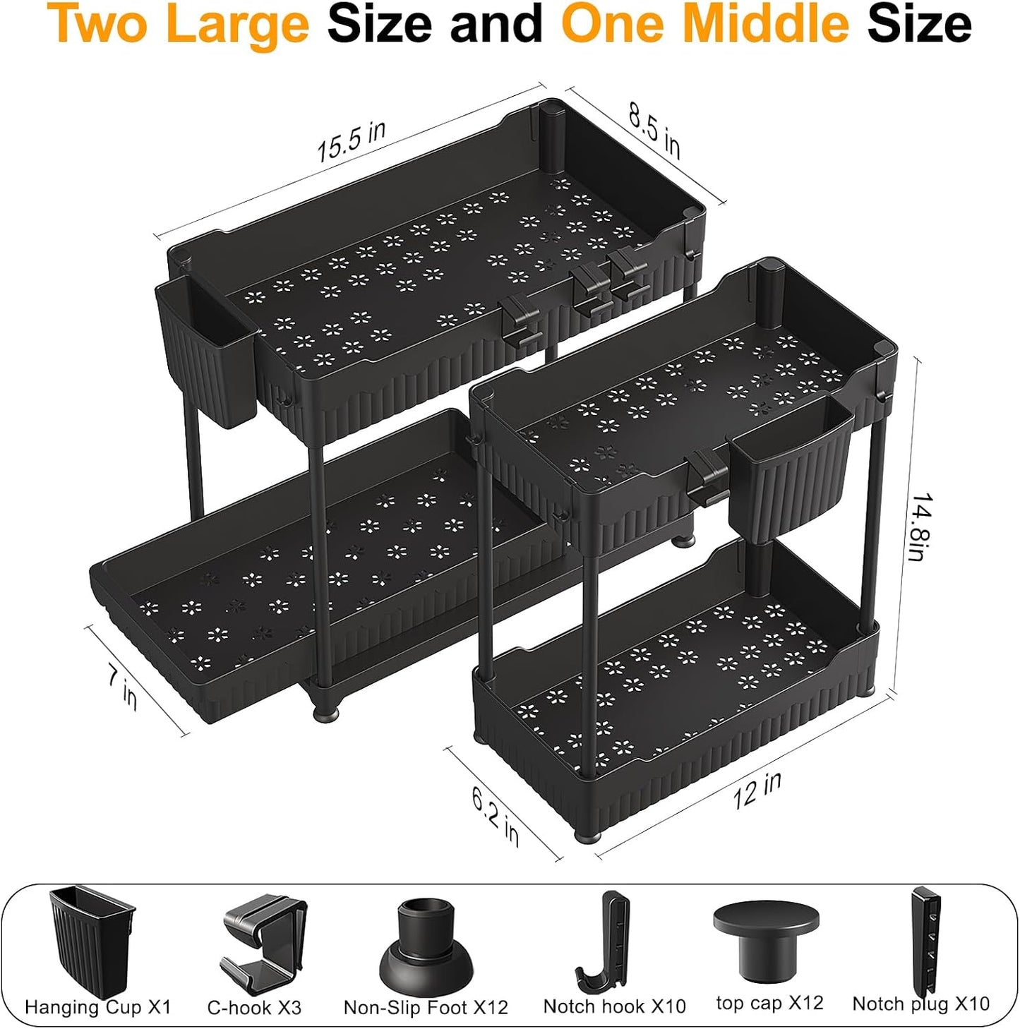Sevenblue 3-Pack 2-Tier Under Sink Organizers with Sliding Drawers | Multi-use kitchen & bathroom storage, 12.8 inch black cabinet organizer, space-saving sliding drawer design.