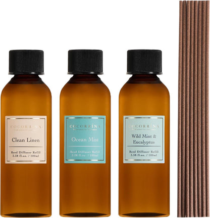 COCORRÍNA Reed Diffuser Refill Set, 10.2oz Scented Oil Refill 3 Pack, Clean Linen, Ocean Mist, Eucalyptus & Moss, Long Lasting Oil Diffuser Refill with 18 Sticks for Bathroom & Bedroom