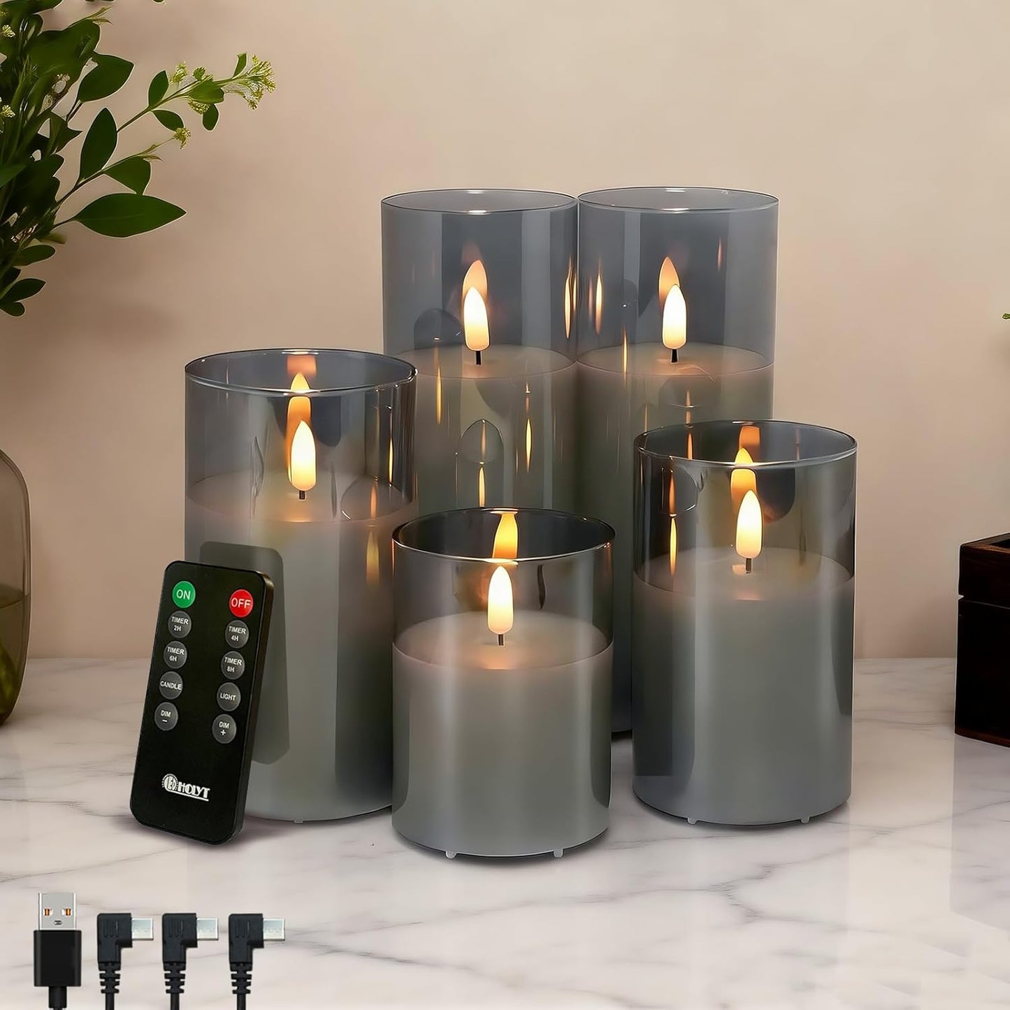 LEDHOLYT Rechargeable Flameless Glass Pillar Candles–Gifts for Women,–Set of 3, Realistic Flickering LED Light,Remote & Timer, Ideal for Living Room, Bedroom & Festival Wedding Home Party Decor
