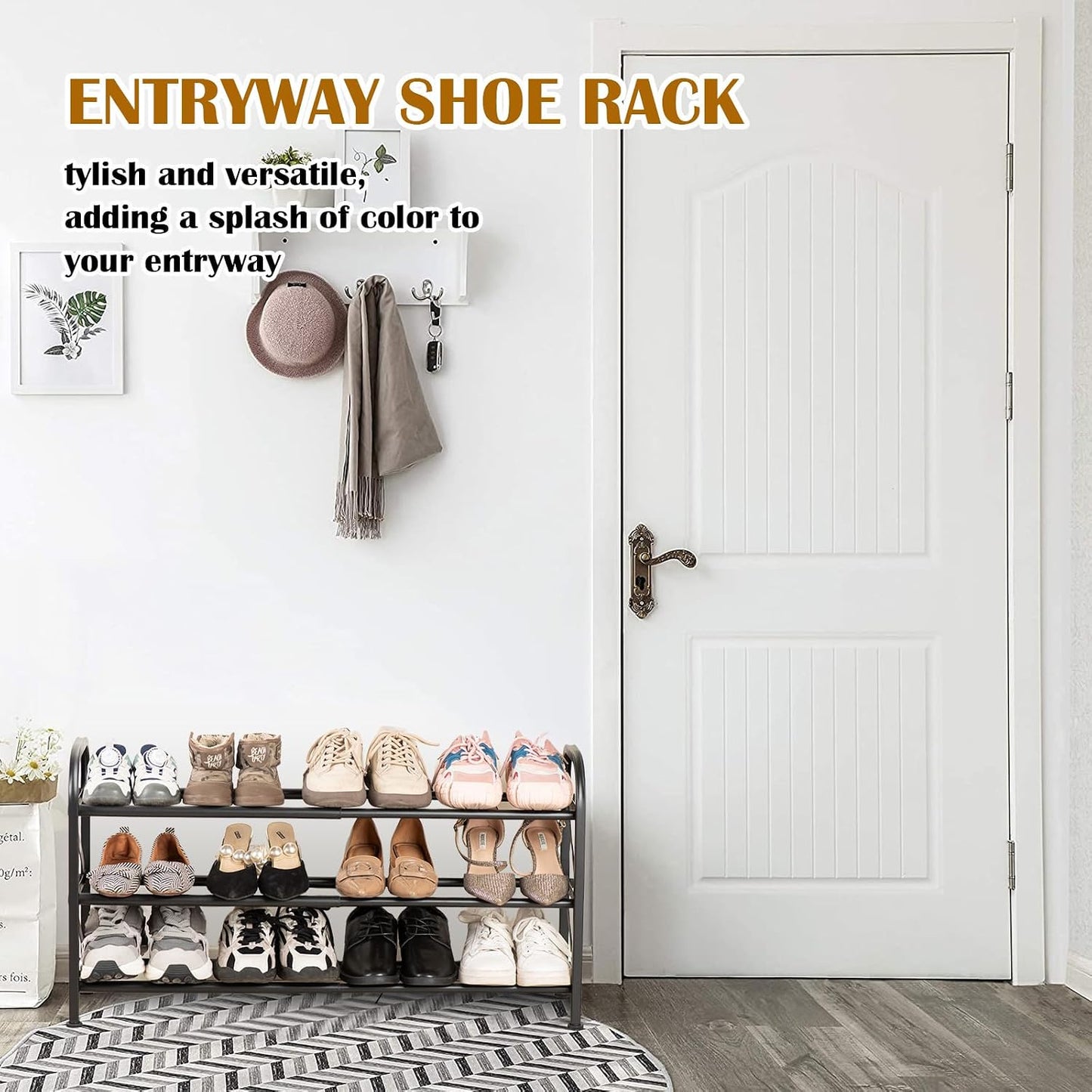 4-Tier Expandable Shoe Rack, Stackable and Adjustable Shoes Organizer Storage Shelf, Sturdy and Durable Metal Structure Free Standing Shoe Rack for Closet Entryway Doorway
