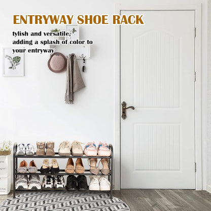 4-Tier Expandable Shoe Rack, Stackable and Adjustable Shoes Organizer Storage Shelf, Sturdy and Durable Metal Structure Free Standing Shoe Rack for Closet Entryway Doorway