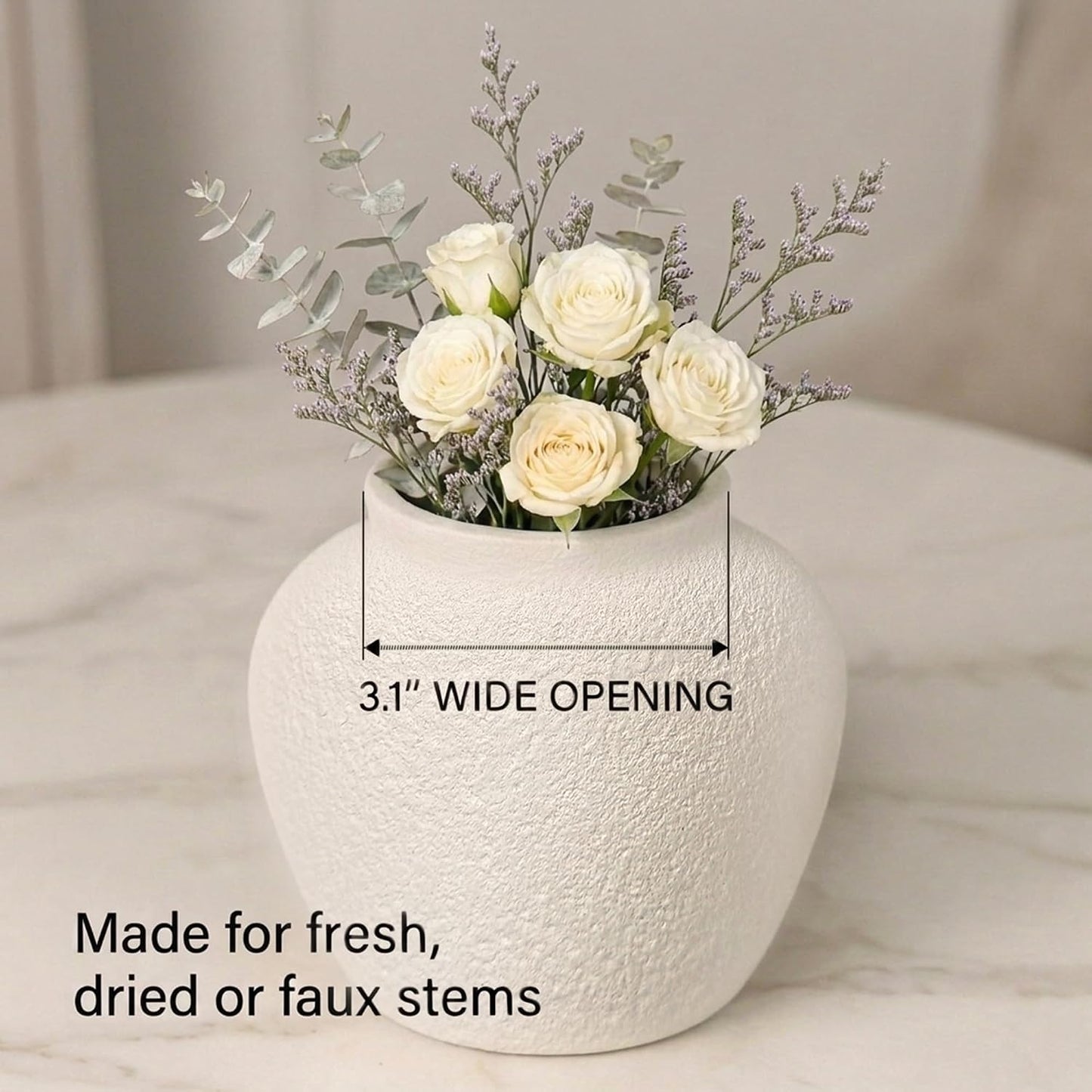 5.9" Small White Round Ceramic Vase, Coffee Table Shelf Decor