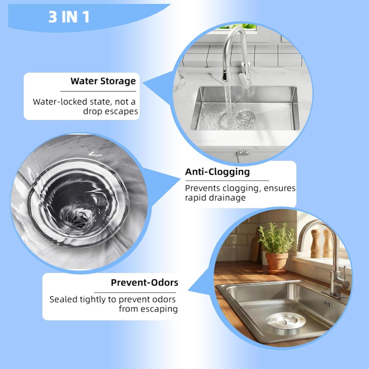 Kitchen Sink Drain Strainer Assembly, 3-1/2 Inch 304 Stainless Steel Sink Drain Kit with Deep Removable Basket, Stopper & Sealing Lid, Fits Standard Kitchen Sinks, Prevents Clogs，Brushed Color