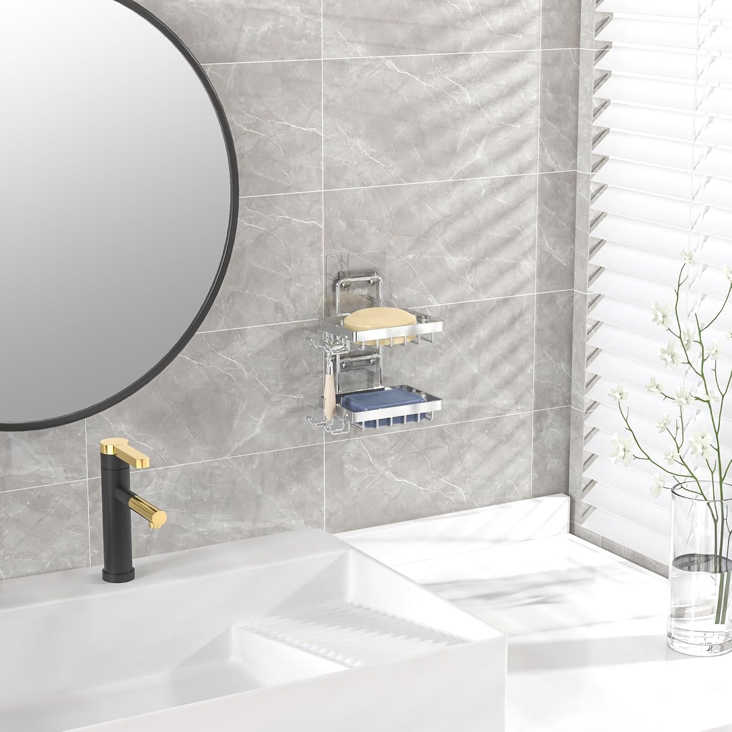 Moforoco Double Soap Bar Holder for Shower, No Drilling, 304 Stainless Steel, Wall Mounted Soap Holder with 4 Hooks and Razor Holder, Shower Rack Soap Tray Bar Soap for Bathroom Accessories Organizer