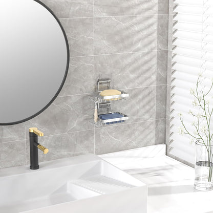 Moforoco Double Soap Bar Holder for Shower, No Drilling, 304 Stainless Steel, Wall Mounted Soap Holder with 4 Hooks and Razor Holder, Shower Rack Soap Tray Bar Soap for Bathroom Accessories Organizer