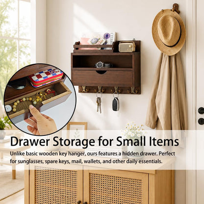 Key and Mail Holder for Wall, Wooden Key and Mail Organizer with Drawer and 8 Hooks for Dog Leash and Sunglasses, Decorative Paulownia Wood Key Rack for Bags, Coats, Umbrella