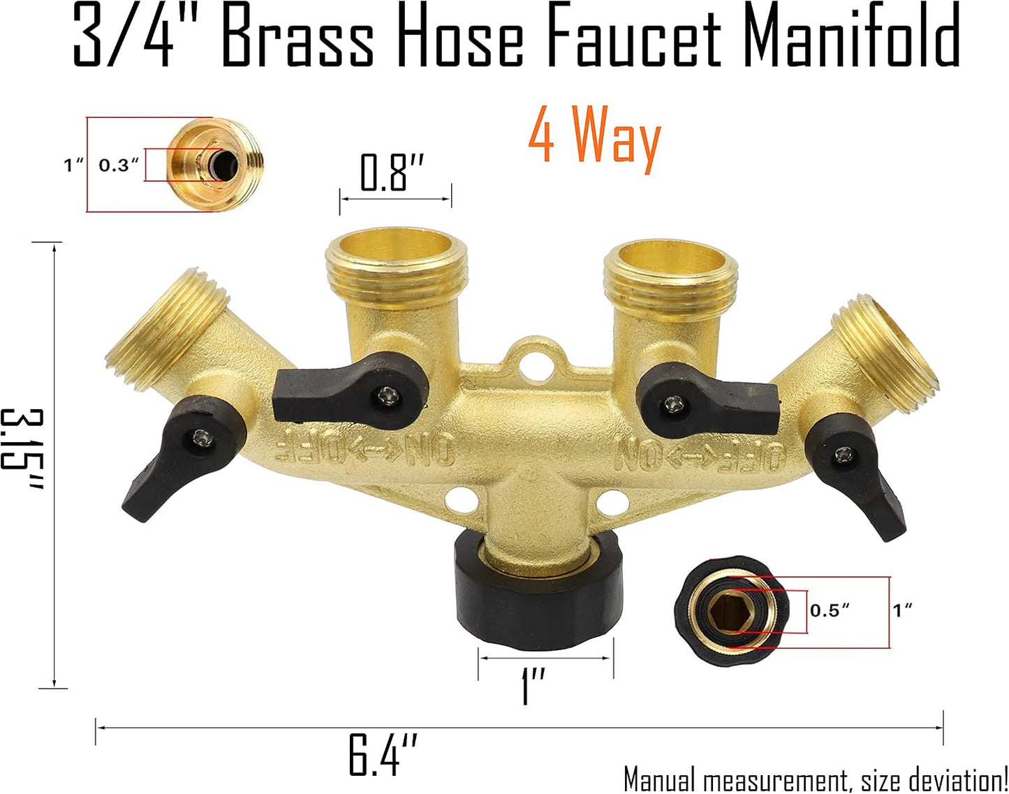 LBY 4 Way Brass Hose Splitter, 3/4" Hose Faucet Manifold, Garden Hose Connector, Tap Splitter, Solid Brass (Golden Yellow)