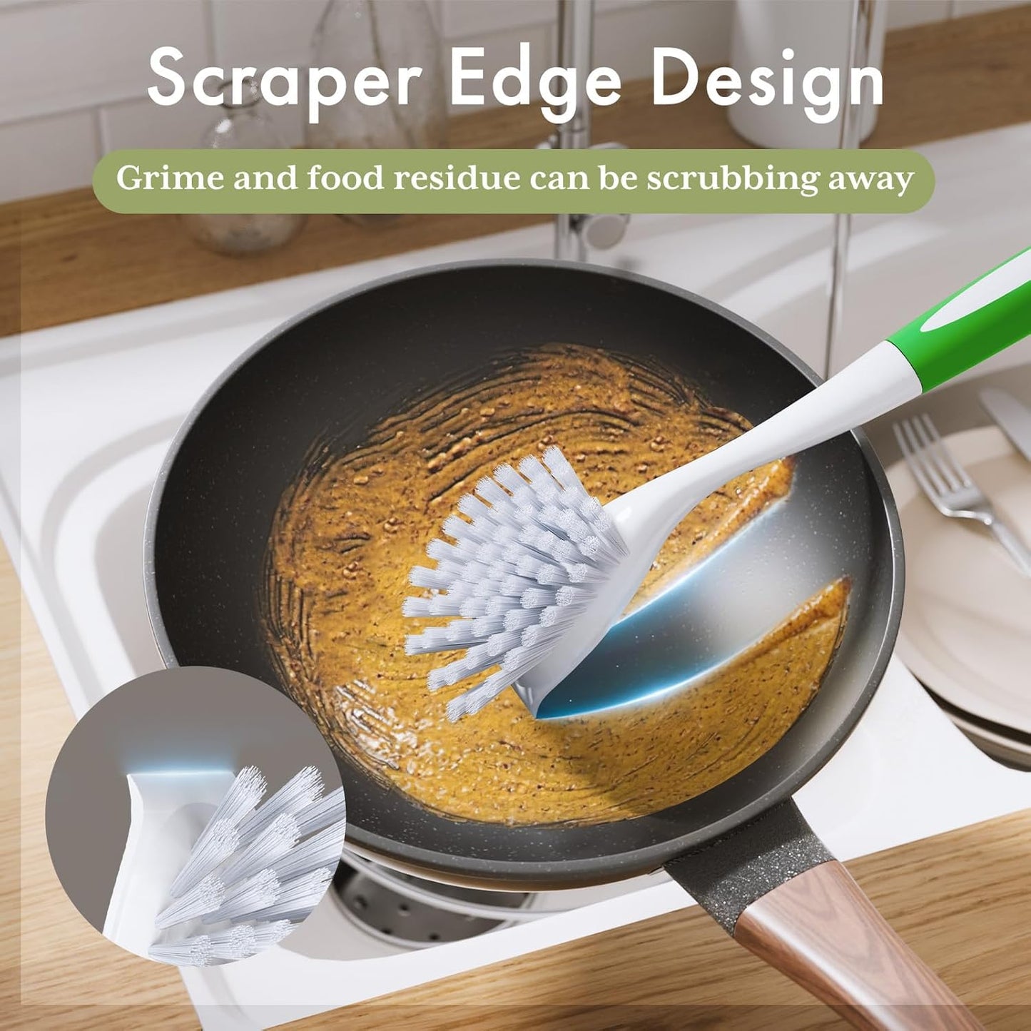2 Pack Dish Brush with Handle, Kitchen Scrub Brushes for Cleaning, Dish Scrubber with Stiff Bristles for Sink, Pots, Pans