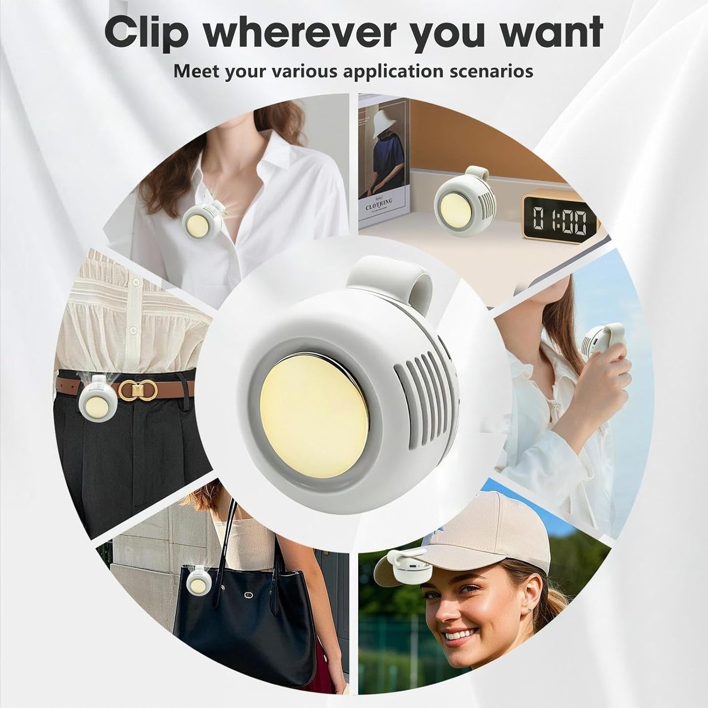 Clip On Fan,Portable Wearable Bladeless Fan,USB Rechargeable 360° Rotatable,3-Speed Silent Mini Personal Fans,Hands-Free Cooling Fan for Outdoor & Travel & Office,Ideal Gift（White）