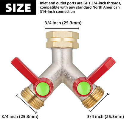 Hose Splitter 2 Way, High Flow Garden Hose Splitter, 3/4” Ght Inlet Brass Heavy Duty Hose Converter, Full Flow water 2 Way Faucet hose splitter, Long Handle Hose Valve Large Outlet.