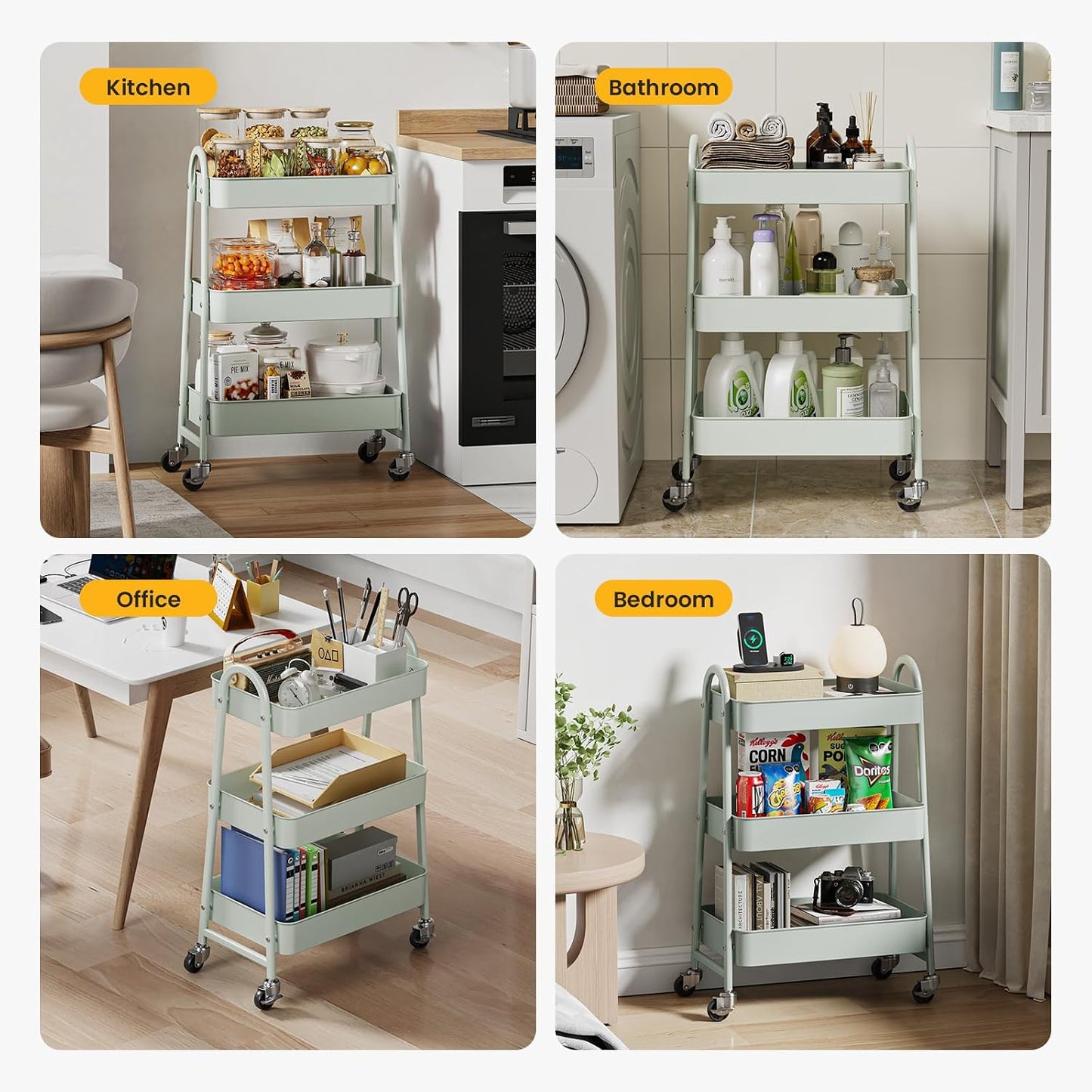 DUMOS 3 Tiers Rolling Cart, Utility Cart, Metal, White | Mobile Storage, Lockable Wheels, Utility Shelving Unit, Kitchen, Bathroom, Laundry, Narrow Places