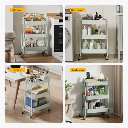 DUMOS 3 Tiers Rolling Cart, Utility Cart, Metal, White | Mobile Storage, Lockable Wheels, Utility Shelving Unit, Kitchen, Bathroom, Laundry, Narrow Places