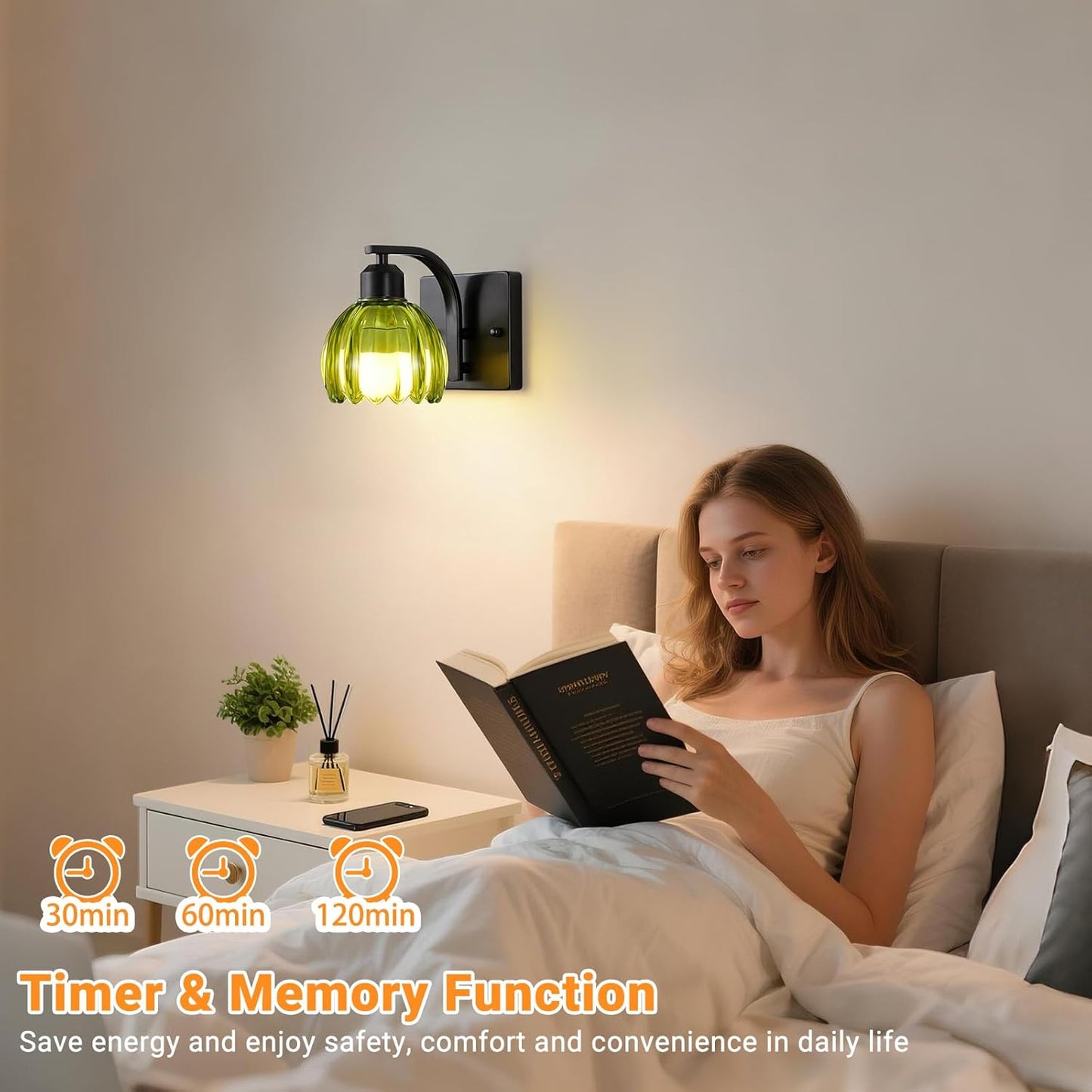 Rechargeable Battery Operated Wall Sconce Set of 2, Wireless Battery Powered Gold Wall Lamps with Green Tulip Glass, Vintage Dimmable Wall Lights with Remote Control for Bedroom Living Room