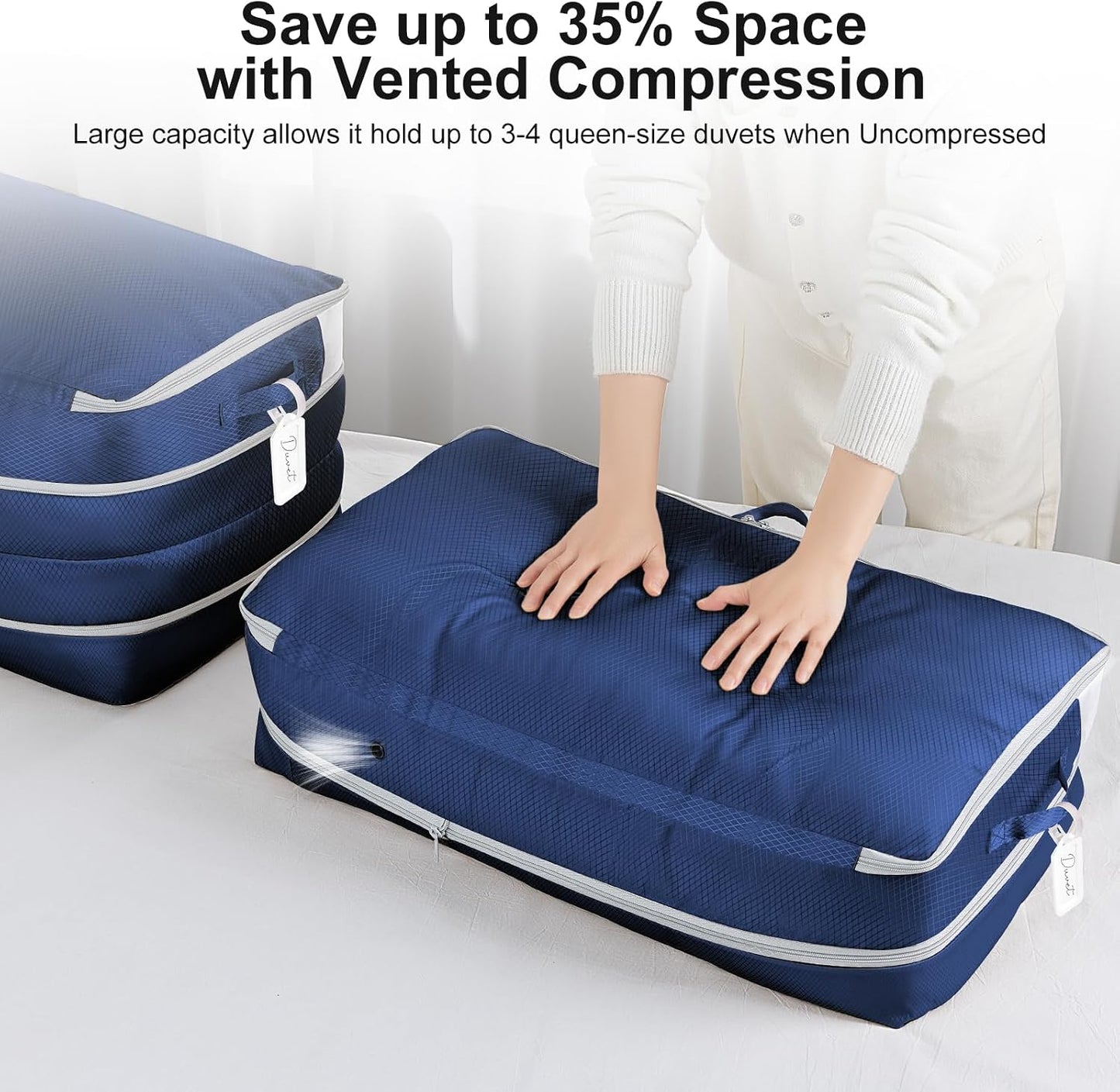 Comforter Storage Bag - Large Capacity Bedding Storage Bags Ultra Space Saving Self Compression Organizer, Washable Compression Bags for Storage Comforter Blanket Duvet Pillow, 2-Pack, Beige