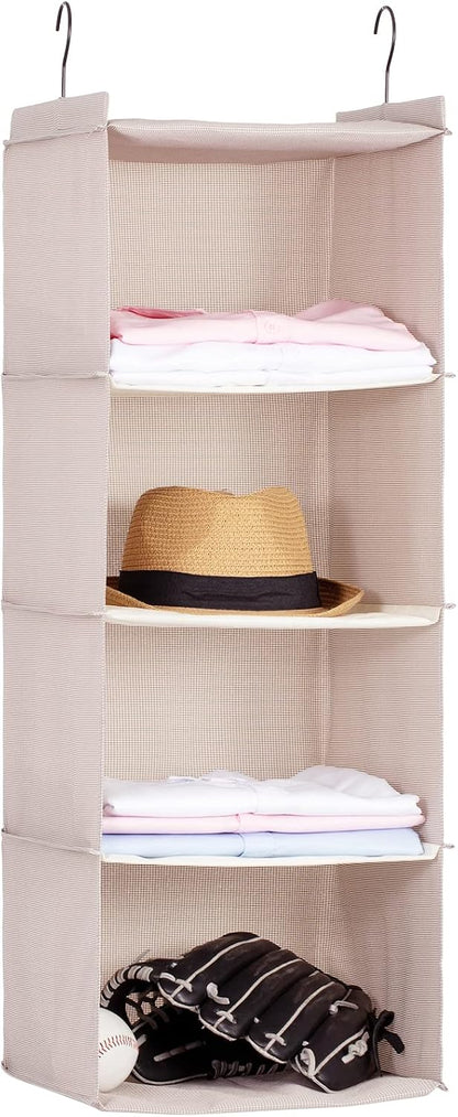 Hanging Closet Organizer 3-Shelf, Oxford Fabric Wardrobe Storage, Gray | Easy-mount foldable design holds clothes, handbags, shoes & accessories; washable Oxford fabric, sturdy and space-saving.