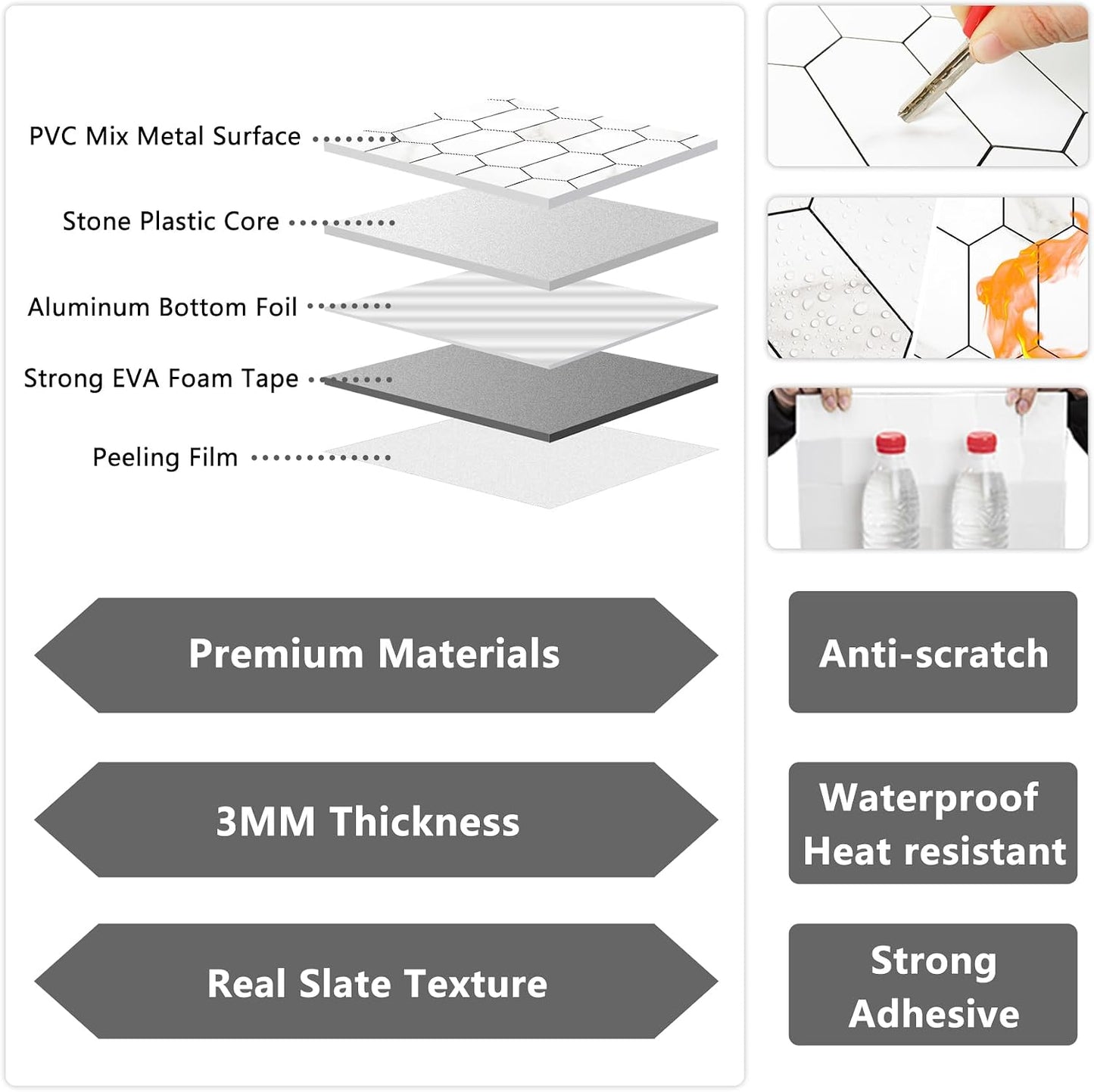 Vamos Tile Long Hexagon Peel and Stick Backsplash Tile - 10 Sheets Stick on Backsplash for Kitchen and Bathroom 12.4 x 12 Inch Glossy Wood Grain PVC Self Adhesive Mosaic Wall Tiles
