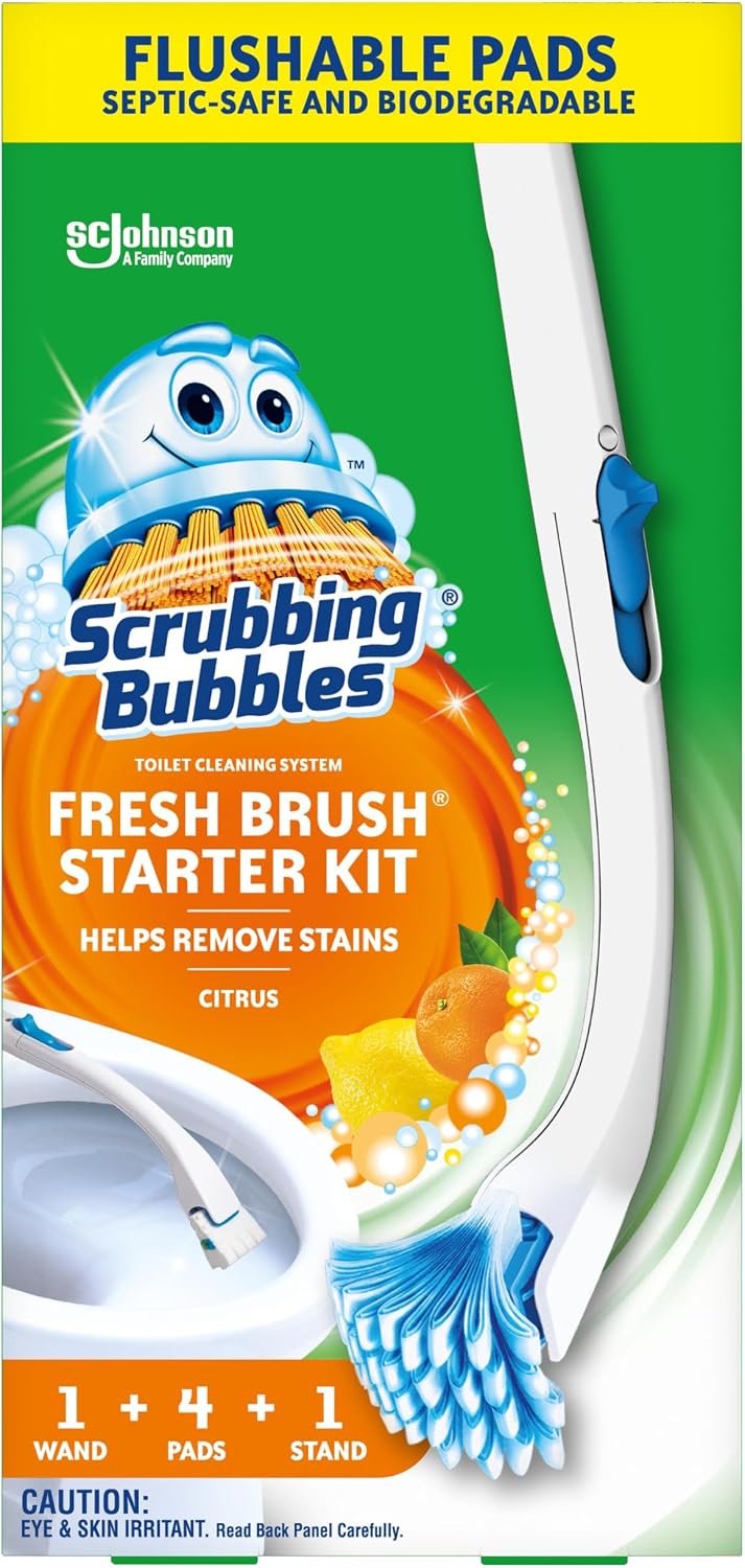 Scrubbing Bubbles Toilet Bowl Cleaning System with Flushable & Disposable Cleaner Refill Pads, Fights Odors and Helps Remove Limescale & Hard Water Stains, Citrus Scent, 1 Wand + 4 Refills + 1 Stand