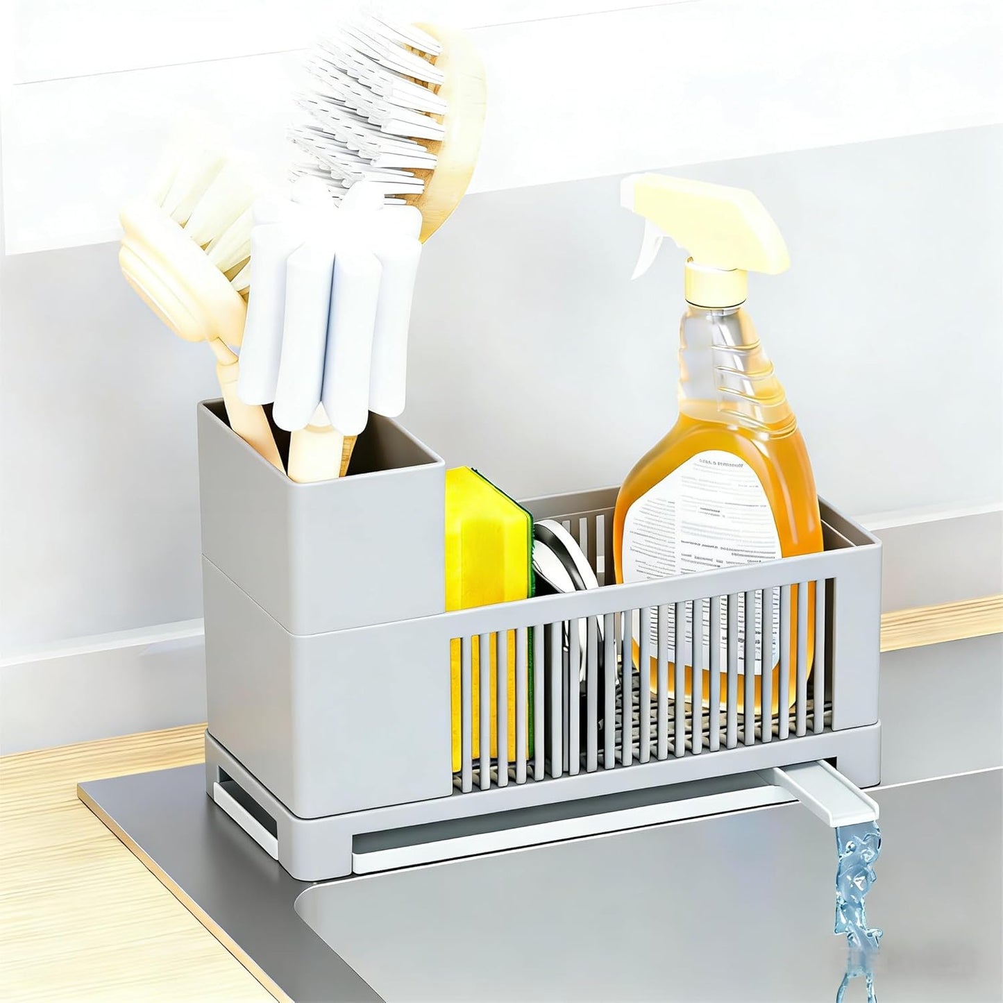 Sink Caddy & Kitchen Sink Organizer,Black Sponge Holder with High Scrub Brush Holder,Plastic Kitchen Countertop Organizer,Multifunctional Sponge Drain Rack,Dish Soap,Dish Sponge Holder,Soap Dispenser