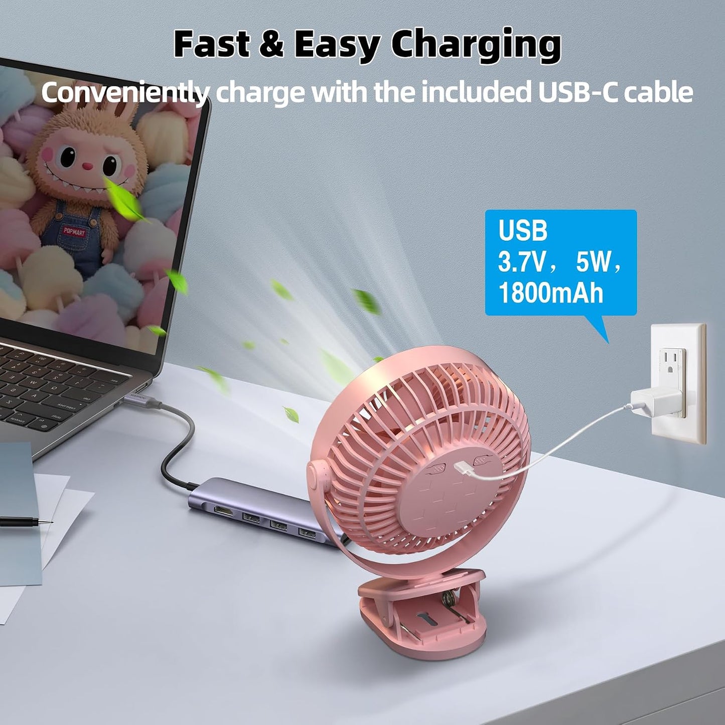 Clip on Fan Rechargeable, 8-Inch Battery Operated Desk Fan, USB Fan,5 Speeds, Strong Airflow, Sturdy Clamp for Golf Cart Office Desk Outdoor Travel Camping Tent Gym Treadmill,Black
