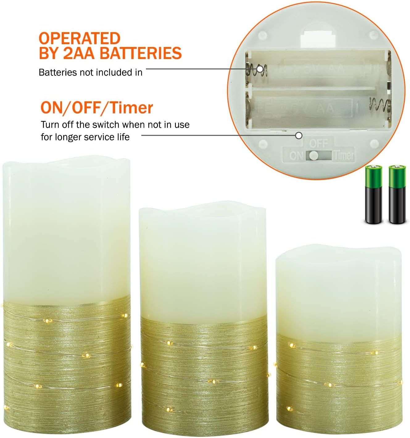 H-BLOSSOM Flickering Flameless Candles Ivory Real Wax Pillar with Embedded String Lights LED Candles Battery Operated with 10 Key Remote and Cycling 5H Timer Set of 3 (3" x 4"/5"/6") (Silver)