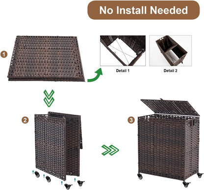Laundry Hamper with Wheels&Lid, 50.2 Gallons(190L) Rolling Laundry Basket with Wheels, 3-Section Laundry Hamper, Handwoven Rattan Clothes Hamper with 6 Removable Liner& 3 Mesh Laundry Bags, Grey