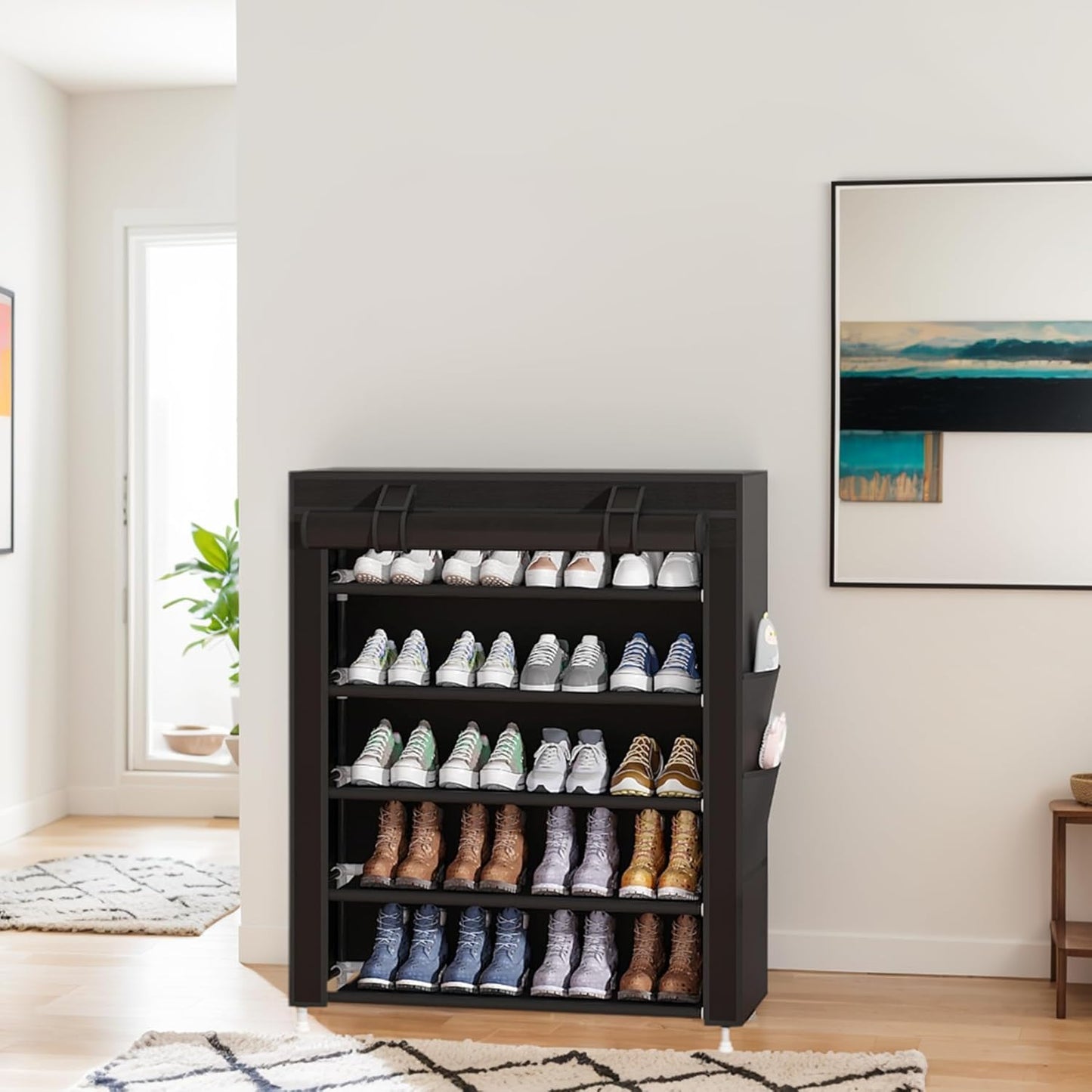 Laiensia 9-Tier Vertical Shoe Rack Organizer, Space Saving Shoe Storage Organizer, Non-Woven Cover Shoe Shelf Holds 36-45 Pairs for Bedroom, Hallway, Closet Entryway, Black