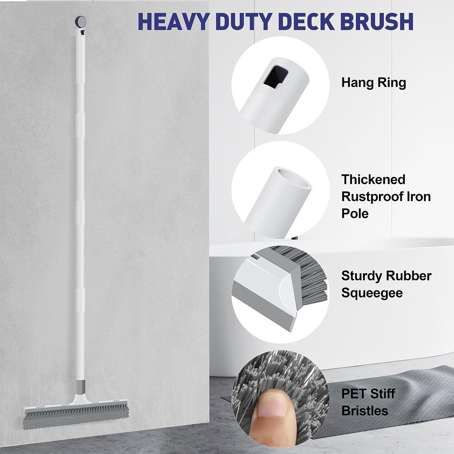 Yolaist 60 inch Long Handle Floor Scrub Brush, 2 in 1 Heavy Duty Hard Bristle Deck Scrubber & Squeegee for Tile, Wall, Concrete, Shower, Bathroom, Kitchen, Garage, Patio