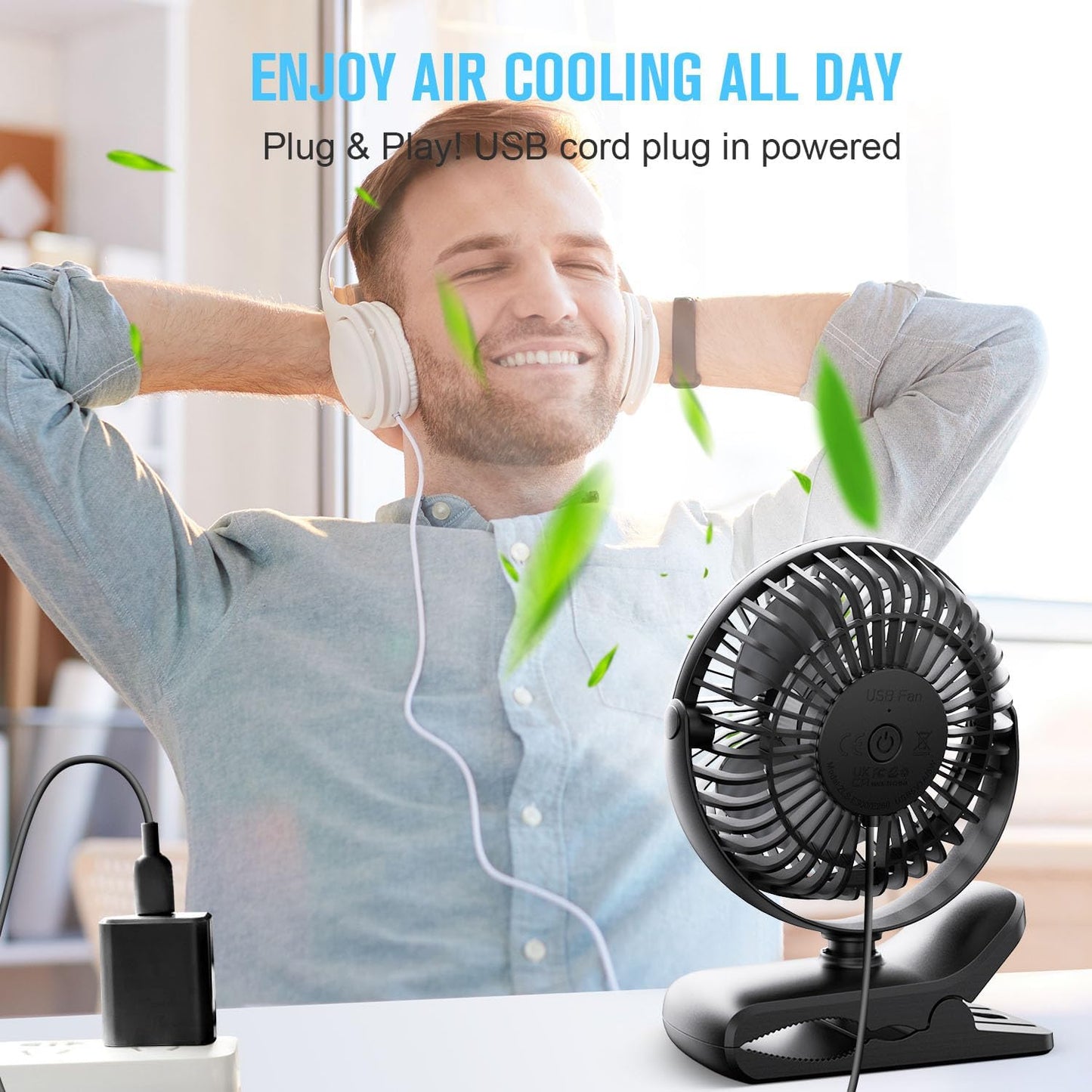 BESKAR Clip on Fan, Portable Small Desk Fans with Strong Airflow, 3 Speeds with Personal Fans Sturdy Clamp, Quiet Desk Fan & Clip Fan with USB Cord Powered - No Battery
