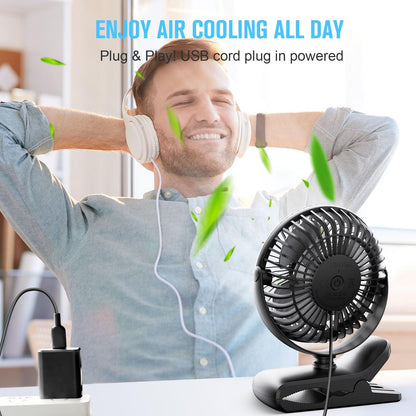 BESKAR Clip on Fan, Portable Small Desk Fans with Strong Airflow, 3 Speeds with Personal Fans Sturdy Clamp, Quiet Desk Fan & Clip Fan with USB Cord Powered - No Battery