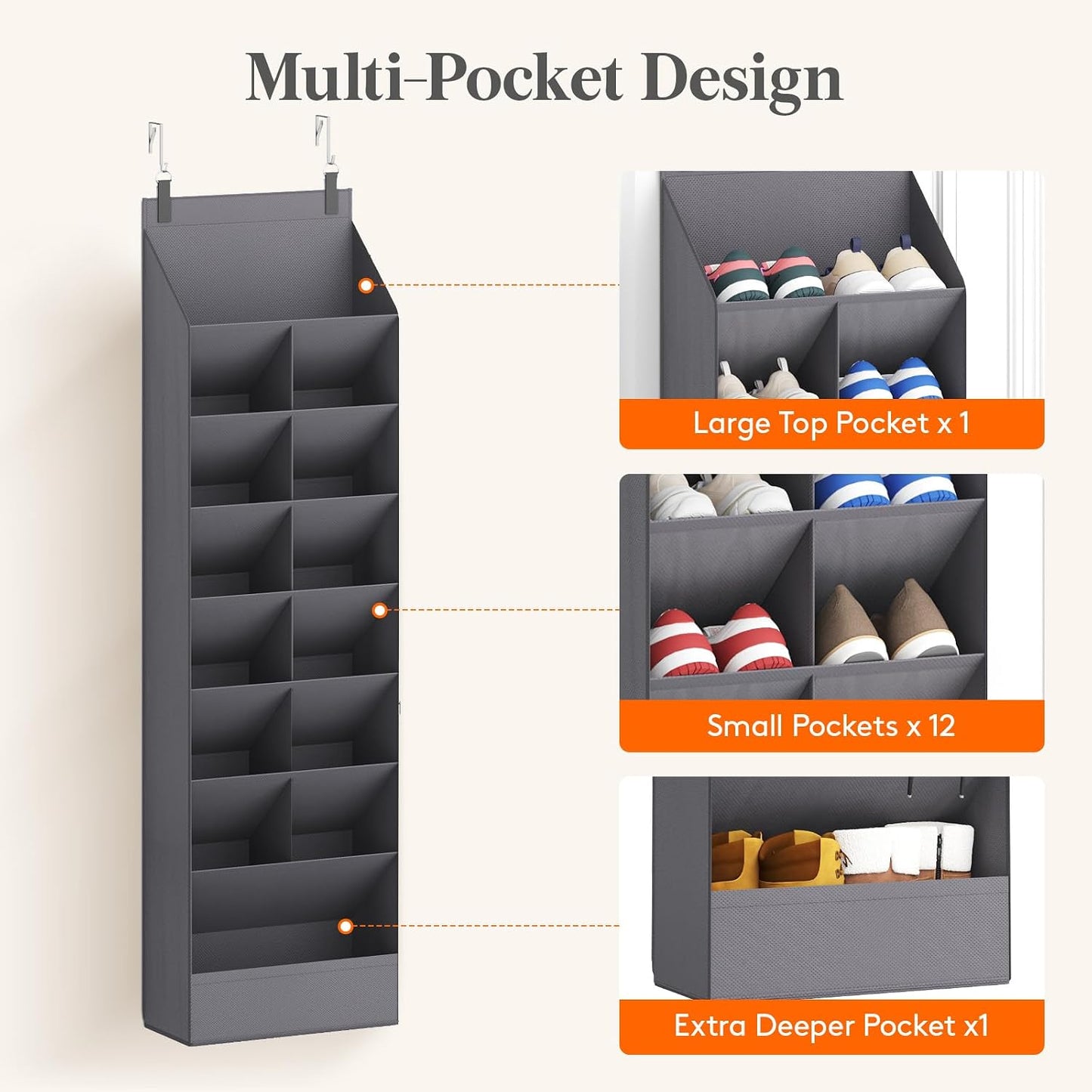 Lifewit 6 Tier Over the Door Shoe Organizer with 11 Large Deep Pockets, Fabric Hanging Shoes Shelf for Closet, Dorm Storage, Fit Up to 12 Pair Shoe Rack Holder for Sneakers, Boots, Gray