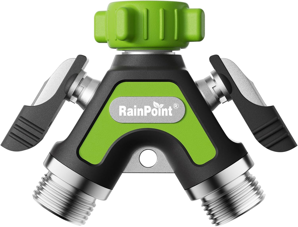 RAINPOINT Garden Hose Splitter 2 Way, All Metal Heavy Duty Water Hose Y Splitter With 2.05" Extra Long Side Handle & Shut Off Valves, 3/4 Inch GHT Thread Connector For Outdoor Spigot Faucet (Green)