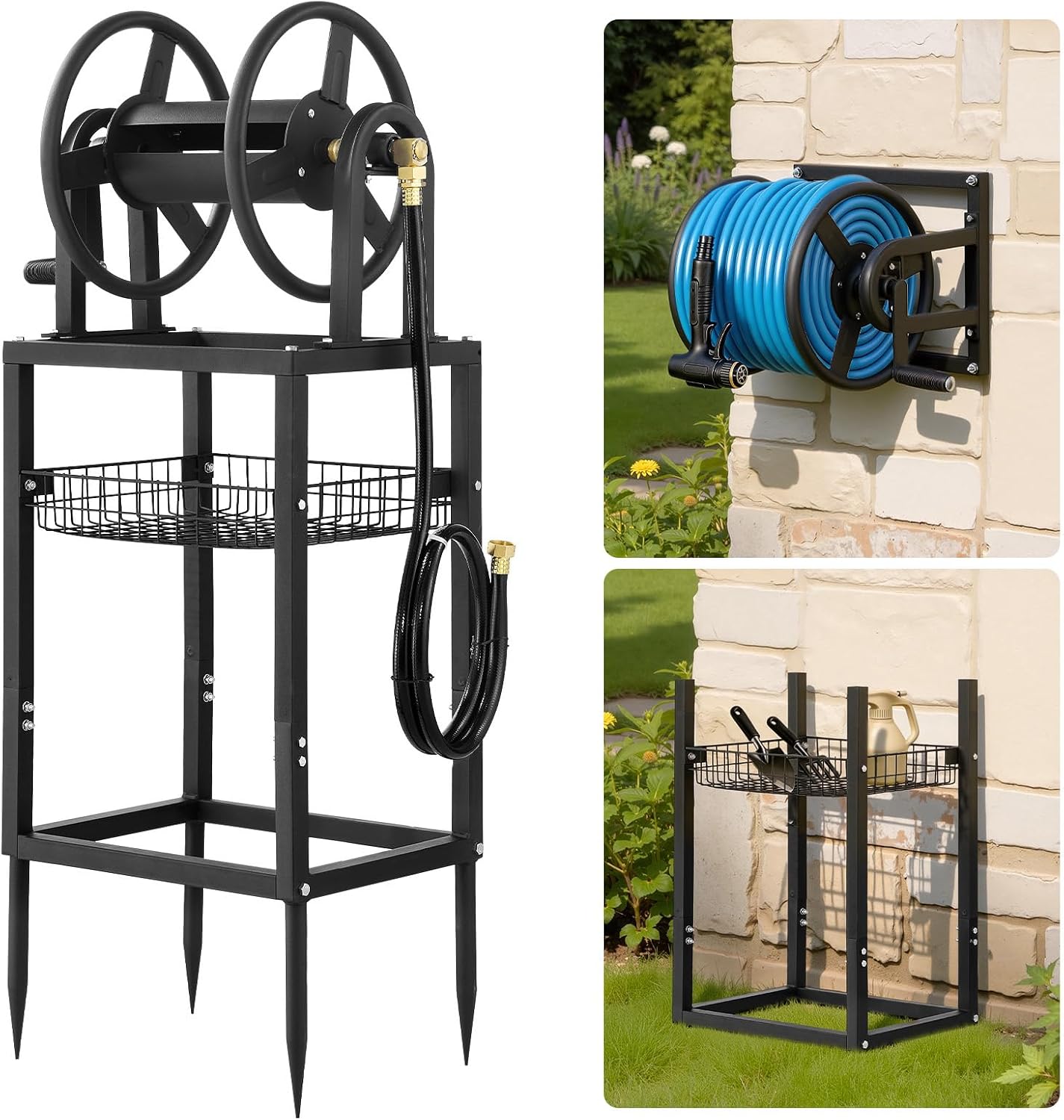 VEVOR Wall Mounted Garden Hose Reel, Holds 125 ft 5/8-inch Hose, Heavy-Duty Water Hose Winder, Space-Saving Design, Outdoor Manual Reel with Brass Fitting and Storage Basket for Yard Lawn