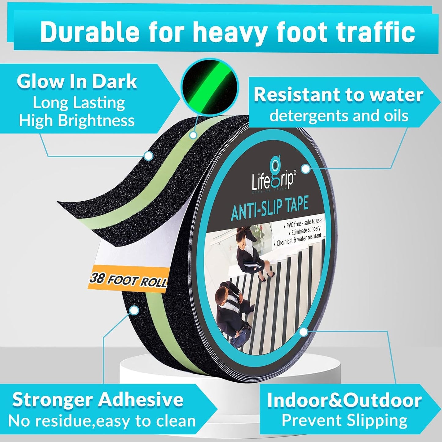 Lifegrip Anti Slip Tape, 4 Inch x 15 Foot Non-Slip Traction Grip Tape for Stairs, Waterproof Stair Treads Grip Non Slip, Non Skid Tape for Steps, Outdoor Black Grip Tape (4" X 15')