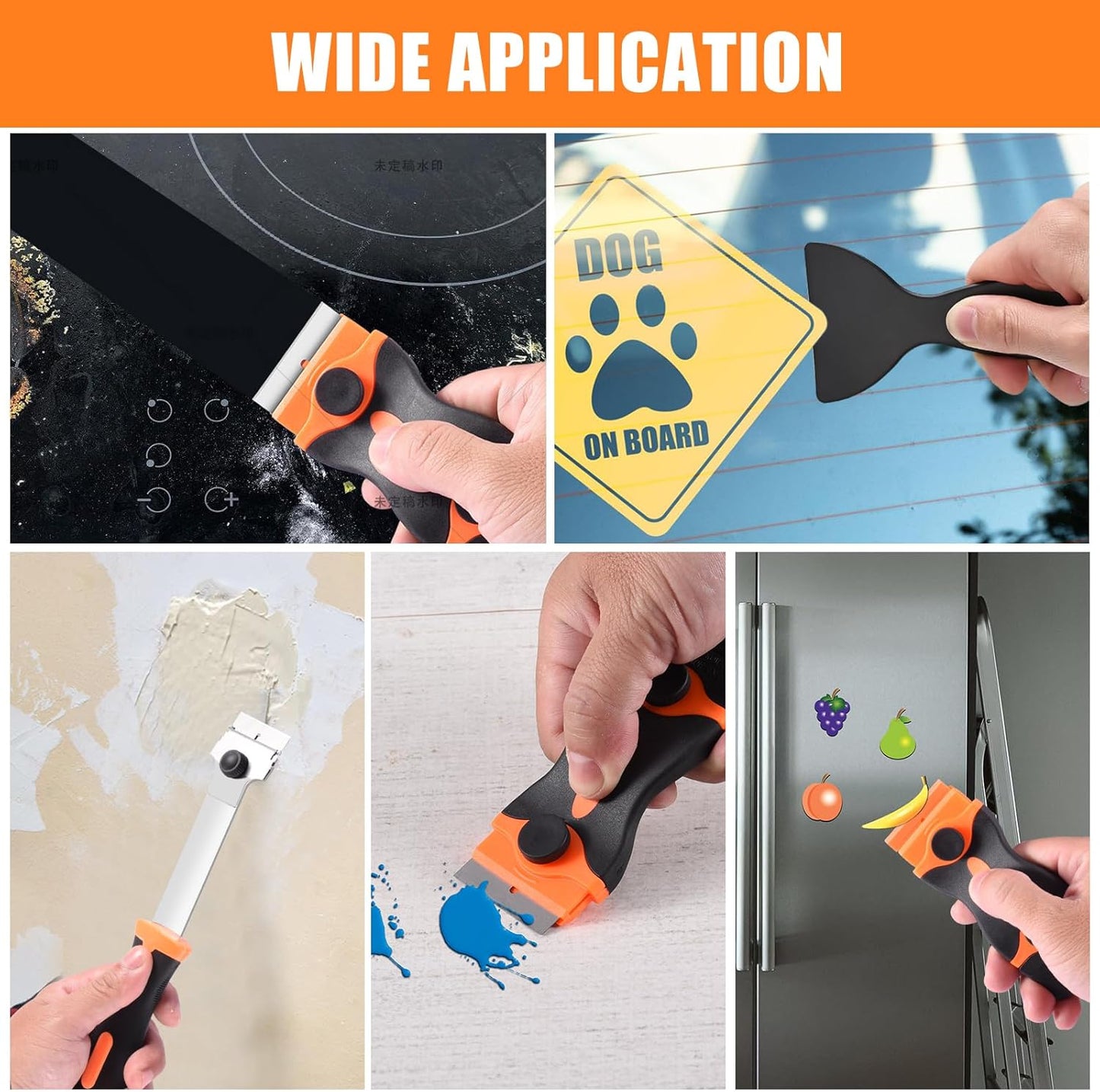 NECAMOCU 4 Pack Razor Blade Scraper, Includes 50 PCS Metal & Plastic Blades | Premium Razor Scraper Tool for Glass, Window, Cooktop, Countertop Cleaning & Sticker, Decal, Paint Removal (Orange)
