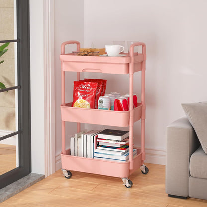Calmootey 3-Tier Rolling Utility Cart with Drawer,Multifunctional Storage Organizer with Plastic Shelf & Metal Wheels,Storage Cart for Kitchen,Bathroom,Living Room,Office,White