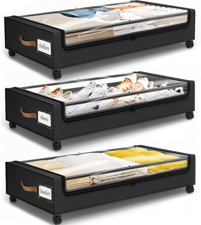 SpaceHacks Under Bed Storage with Wheels 2Pack Storage Containers with Clear Window&Label Under Bed Drawers Rolling Under Bed Storage for Clothes,Shoes, Blankets (30.71 x 16.93 x 6.69 in, Dark Grey)