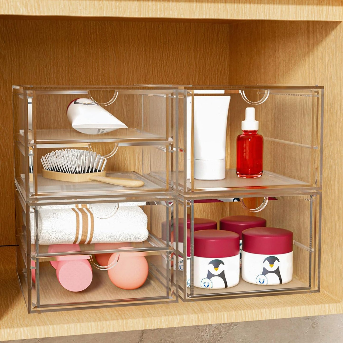 caktraie Makeup Organizer Storage With 16 Drawers, 4 Pcs Desktop Office Supplies, Desk Organizers, Clear Accessories, Dustproof Storage Drawer and for Make Up, Jewelry, Pen, Stationary