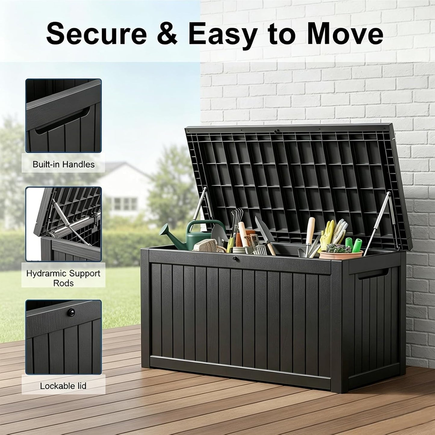 MAKINO 152 Gallon Resin Outdoor Storage Box, Waterproof Deck Box with Lockable Lid, Outside Storage Box for Patio Furniture, Pool Accessories, Garden Tools, Storage Bench for Backyard, Porch, Black
