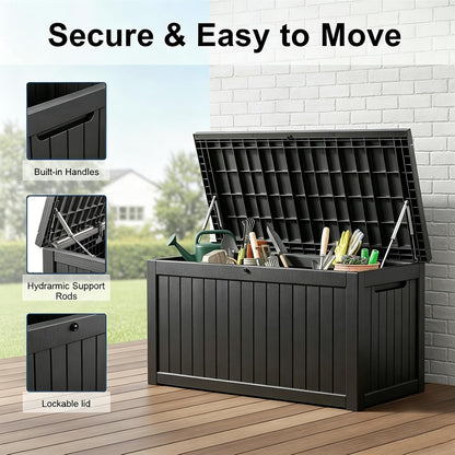 MAKINO 152 Gallon Resin Outdoor Storage Box, Waterproof Deck Box with Lockable Lid, Outside Storage Box for Patio Furniture, Pool Accessories, Garden Tools, Storage Bench for Backyard, Porch, Black