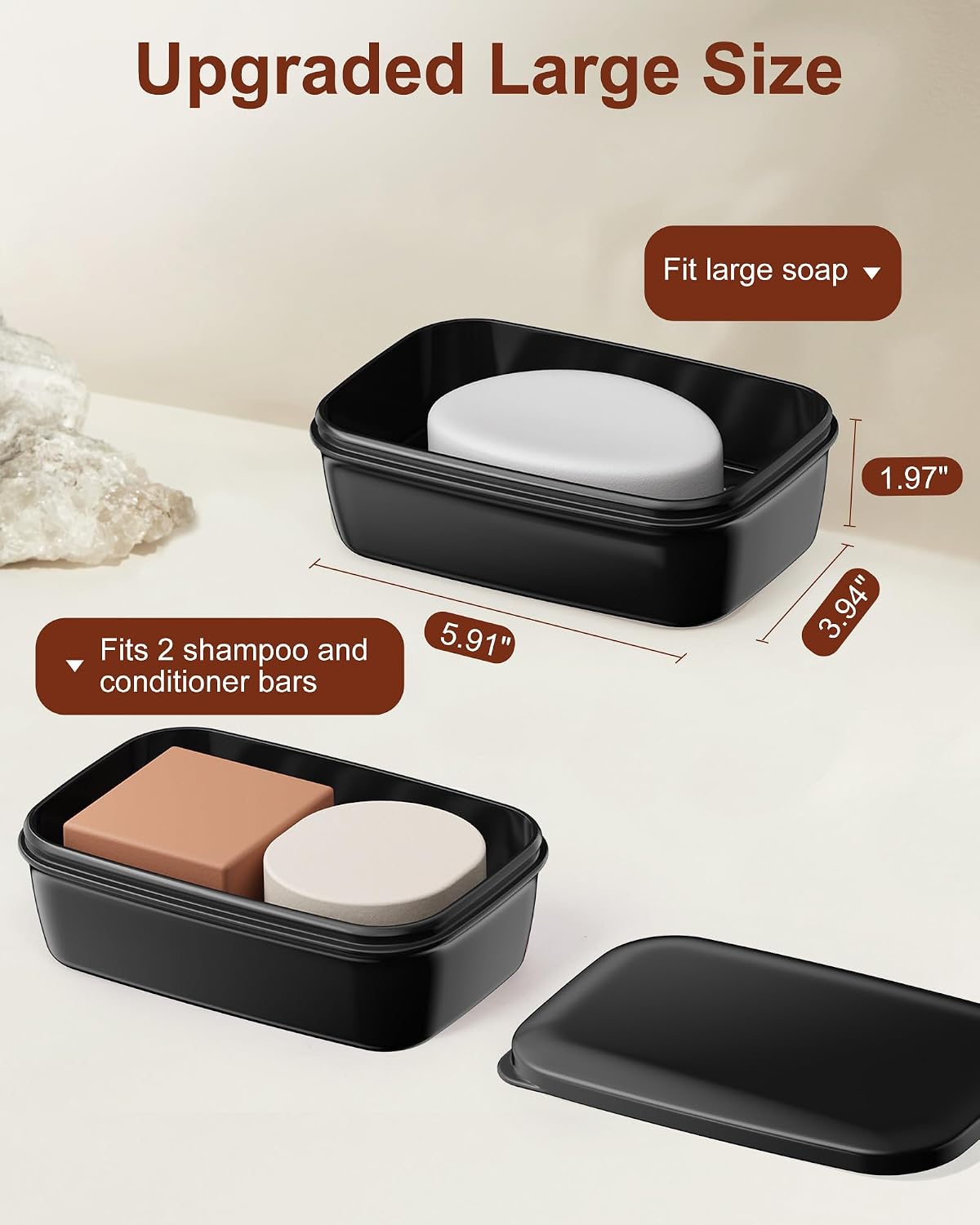 Quatish Leakproof Soap Dish with Lid & Draining Layer, Shatterproof Travel Bar Soap Holder Case Container, Portable Travel Size Toiletries Essentials for Camping, Gym, Bathroom, Black