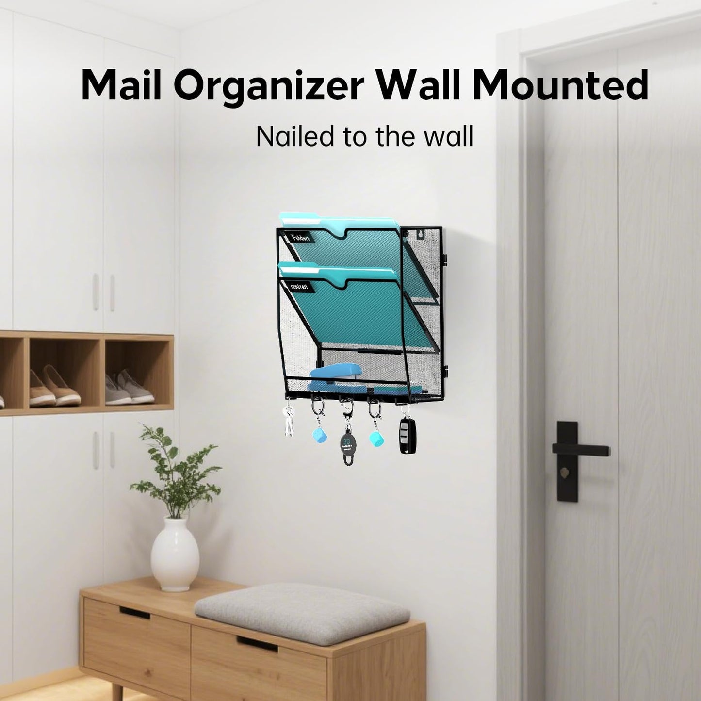 5 Tier Wall File Organizer - Hanging File Organizer with 5 Hooks, Mail Holder Wall Mounted for Papers, Folders, Magazines, Bills, Office&School Organization, Black