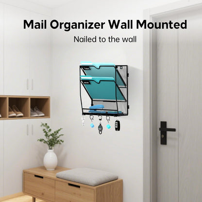 5 Tier Wall File Organizer - Hanging File Organizer with 5 Hooks, Mail Holder Wall Mounted for Papers, Folders, Magazines, Bills, Office&School Organization, Black